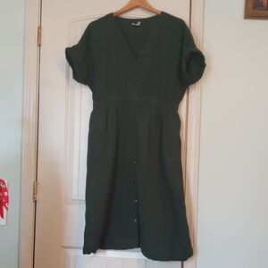 Pact Coastal Gauze Button Midi Dress Large Dark Hunter Forest Green Organic